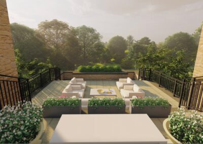 A 3d rendering of a patio with furniture and plants.