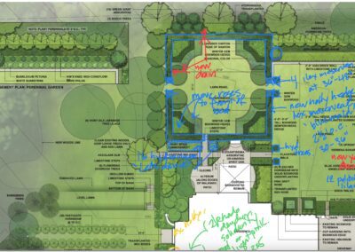 A plan for a garden with a lot of writing on it.