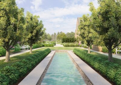 An image of a garden with a water feature.