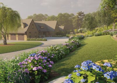 A 3d rendering of a house with flowers and a driveway.