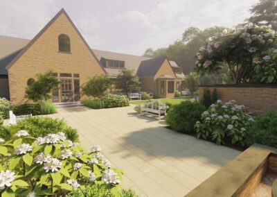 A 3d rendering of a garden in front of a house.