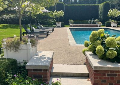 A backyard with a swimming pool and landscaping.